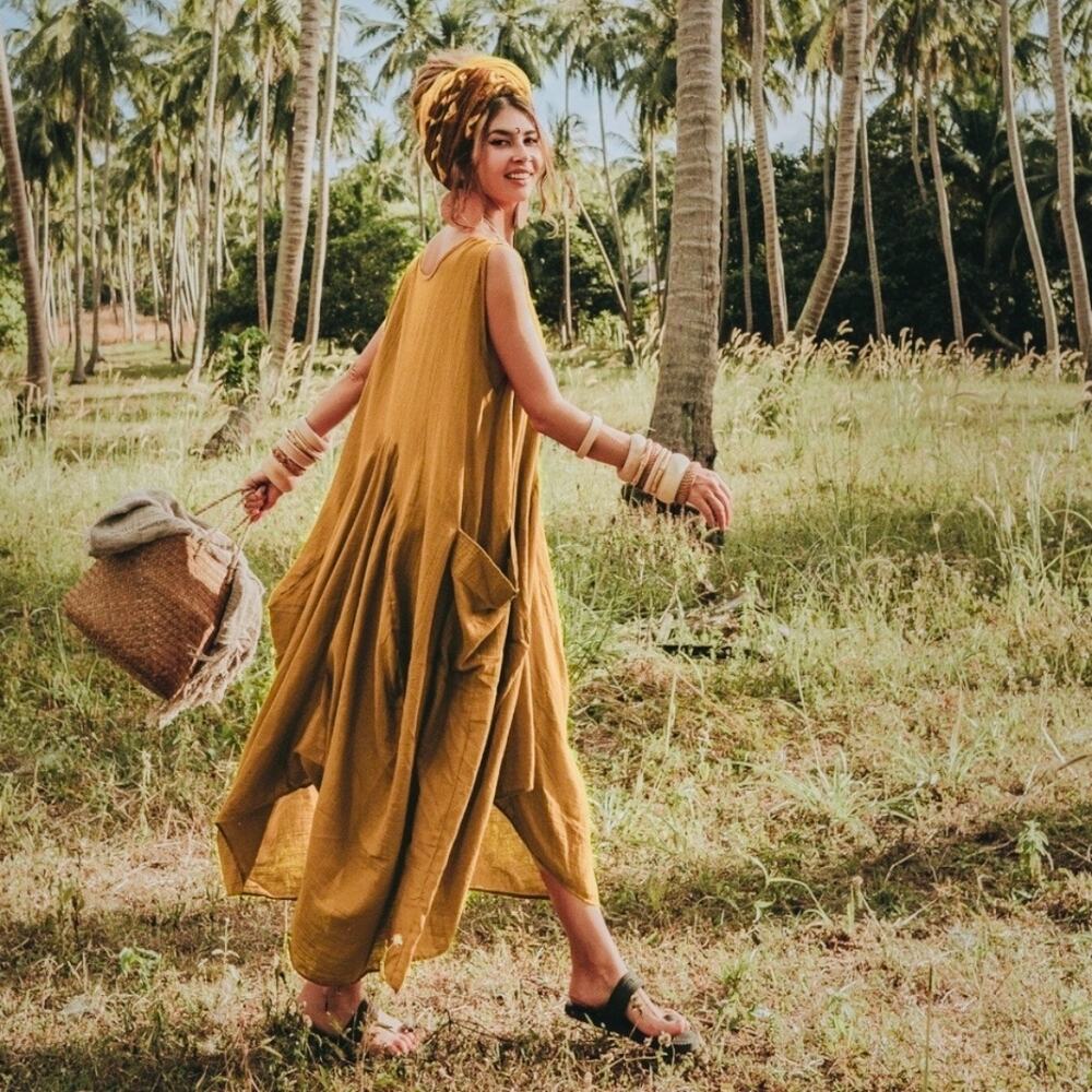 Thaluta super soft 100% cotton boho maxi dress in mustard yellow ONE SIZE